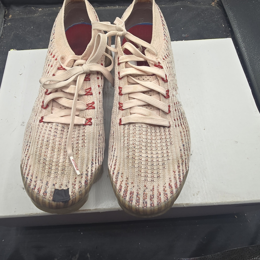 Beige and Red Knit Lace-Up‎ Sneakers